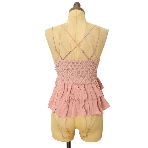 Free People Intimately Adella Cami S Mauve Pink Lace Tiered Peplum Crop NWT B85 - Picture 4 of 6